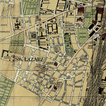 Mapa Łazarza z zaznaczonymi ulicami i różnymi obiektami, np. kościołami czy cmentarzem żydowskim.