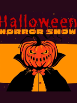 Na ciemnym tle postać w czarnym płaszczu z dynią w miejscu głowy. Dynia ma wycięte otwory w miejscu oczu oraz zębów. Powyżej tytuł przedstawienia.