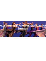 Na fioletowym tle tańczące tancerki i tancerze baletowi. Pośrodku biały tytuł wieczoru: "Juvenalia Polski Balet Narodowy Narodowy Junior - Przedwiośnie Baletowe"