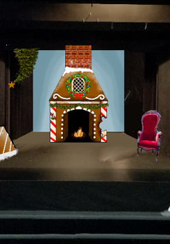 Na środku świątecznie udekorowany kominek, przy nim czerwony fotel. Z lewej strony fragment częściowo ośnieżonego, brązowego dachu.