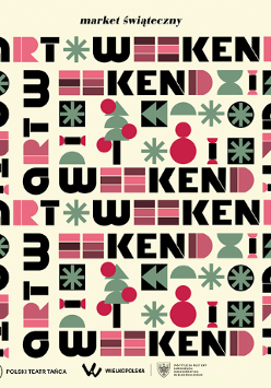 Kolorowa grafika z napisami "art weekend" i rysunkami choinek i gwiazdek.
