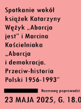 Plakat z informacjami na temat wydarzenia - tekst na różowym tle. Z lewej strony okładki dwóch książek, jedna pod drugą.