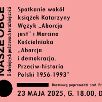 Plakat z informacjami na temat wydarzenia - tekst na różowym tle. Z lewej strony okładki dwóch książek, jedna pod drugą.