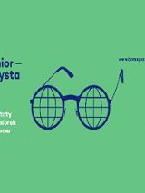 Grafika przedstawia okulary, granatowe i białe napisy na zielonym tle