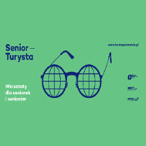 Grafika przedstawia okulary, granatowe i białe napisy na zielonym tle