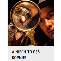 na pierwszym planie ptak spoglądający przez lupę, obok twarz mężczyzny w kapeluszu