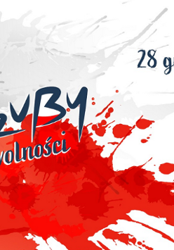 Plakat promujący bieg Gzuby dla wolności utrzymany w biało-czerwonej kolorystyce, rozbryzgane plamy farb, z boku napisy informujące o wydarzeniu.