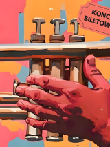 Rysunek ręki trzymającej trąbkę na kolorowym tle, informacje o koncercie.