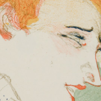 Obraz Henriego de Toulouse-Lautrec'a pt."Panna Marcelle Lender w popiersiu". Obraz przedstawia kobietę, jej twarz jest widoczna z profilu, na twarzy widać grymas. Praca jest utrzymana w jasnych, pastelowych barwach, uwagę przykuwają mocno rude włosy kobiety