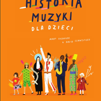 W górnej części obrazka widnieje napis "Historia muzyki dla dzieci". Pod nim widać siedem osób pochodzących z różnych epok i interesujących się innymi gatunkami muzycznymi