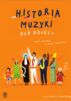 W górnej części obrazka widnieje napis "Historia muzyki dla dzieci". Pod nim widać siedem osób pochodzących z różnych epok i interesujących się innymi gatunkami muzycznymi