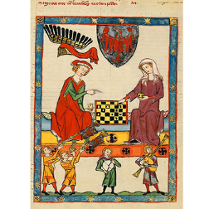 Mężczyzna i kobieta w średniowiecznych strojach grają w szachy