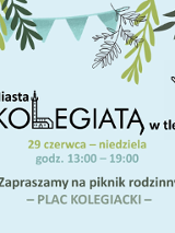 Grafika z napisem: Imieniny Miasta z Kolegiatą w tle. Grafika zawiera rysunek dwóch patronów Poznania: Piotra i Pawła.