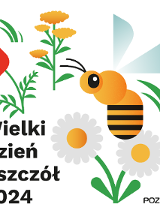 Infografika przedstawia pszczołę wśród kwiatów napis Wielki Dzień Pszczół 2024