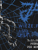 Plakat koncertu zespołów metalowych z motywem czaszki w pajęczynie. Widoczny napis: "ŻAL, Wieże Fabryk, Ohyda, 5.12.2025, Poznań, Pod Minogą". Tło czarne z niebieskimi elementami.