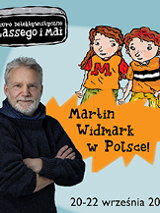 Plakat, zdjęcie Martina Widmarka, obok rysunek dwójki dzieci - bohaterów książek Widmarka, napisy informujące o wydarzeniu.