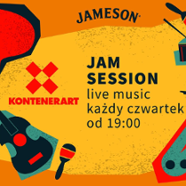 Plakat informacyjny o cyklu Jam Session w KontenerART. Live music w każdy czwartek od 19.00. Plakat jest czerwono-żółty. Na tle rozrzucone są rysunki, które przedstawiają różne instrumenty muzyczne.