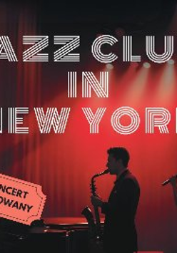 Artyści jazzowi na scenie, napisy informujące o wydarzeniu.