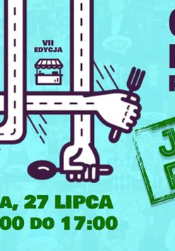 Baner, na niebieskim tle abstraksyjne krzyzujące się ręce trzymające widelec i łyżkę, z boku różna napisy