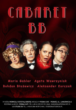 Plakat przedstawiajacy aktorów i czerwoną kurtynę