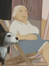 Animowany kadr starszej Pani siedzącej na fotelu na ganku, a obok niej czarno-biały pies.