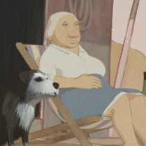 Animowany kadr starszej Pani siedzącej na fotelu na ganku, a obok niej czarno-biały pies.