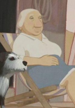 Animowany kadr starszej Pani siedzącej na fotelu na ganku, a obok niej czarno-biały pies.