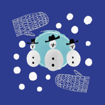 Grafika na granatowym tle przedstawiająca trzy postaci - bałwanki, umieszczone w centralnym, turkusowym okręgu. Wokół widoczne są białe kropki przypominające śnieg oraz ilustracje jednopalczastych rękawiczek.