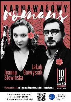 Plakat, który promuje Karnawałowy Romans - koncert, dwoje artystów na czerwonym tle z napisem romans. Ona ma we włosach wpięty czerwony kwiat, on ma wpięty czerwony kwiat w butonierkę.