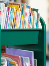 Zdjęcie, zielonej półki wypełnionej książkami.