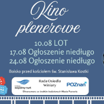 Plakat, który reklamuje kino plenerowe na Winiarach. Na plakacie pudełko z popcornem, taśmia filmowa, gwiazdki i serpentyny oraz napisy informujące o wydarzeniu.