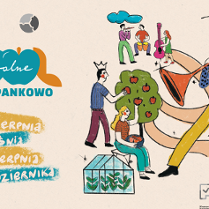 Plakat, któy reklamuje projekt kulturalne Szczepankowo. Rysunkowe postacie przedstawiają osoby, grające na różnych sprzętach muzycznych. Obok napisy, które informują o wydarzeniu.
