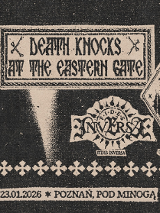 Ziarnisty czarno‑beżowy plakat metalowy z napisami Death Knocks at the Eastern Gate, logotypami zespołów i informacją o koncercie: 23.01.2026, Poznań, Pod Minogą.