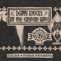 Ziarnisty czarno‑beżowy plakat metalowy z napisami Death Knocks at the Eastern Gate, logotypami zespołów i informacją o koncercie: 23.01.2026, Poznań, Pod Minogą.