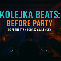 Ciemny obraz wnętrza klubowego, na nim napisy - Kolejka Beats: before party.