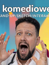 Trzej artyści komediowi z zabawnymi minami.