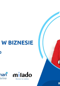 Grafika promująca warsztat stacjonarny pt."Komunikacja w biznesie", który odbędzie się 7 maja 2025 roku w godzinach 16:30-19:30. Po lewej stronie znajduje się tytuł wydarzenia i data, po prawej - zdjęcie prowadzącej Kamili Wrocińskiej w czerwonej marynarce. Na dole logotypy organizatorów: Poznań Biznes Partner oraz Milado (z hasłem "Biznes to ludzie").