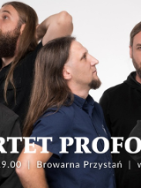 Plakat, który reklamuje koncert kwartetu "Proforma", zdjęcie pięciu mężczyzn na białym tle, na dole napisy informujące o wydarzniu.