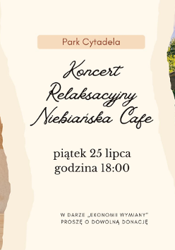 Po lewej zdjęcie z góry kobiety, która gra na instrumencie zwanym "żółw". Przed nią leżą duże drewniane pałeczki i misy. Po prawej zdjęcie kwiarni "Niebiańska".