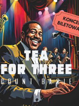 Rysunek uśmiechniętego mężczyzny w garniturze przy fortepianie, w tle widać resztę sceny i kilkuosobowy zespół jazzowy, informacje o koncercie.