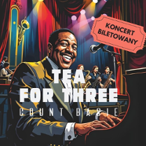 Rysunek uśmiechniętego mężczyzny w garniturze przy fortepianie, w tle widać resztę sceny i kilkuosobowy zespół jazzowy, informacje o koncercie.