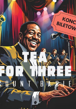 Rysunek uśmiechniętego mężczyzny w garniturze przy fortepianie, w tle widać resztę sceny i kilkuosobowy zespół jazzowy, informacje o koncercie.