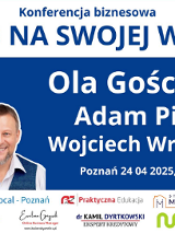 Baner, który reklamuje konferencję biznasową - Zarób na swojej wiedzy. Zdjęcia trzech usmiechniętych prelegentów. Napisy informujące o wydarzeniu.