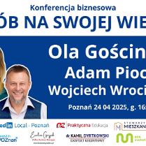 Baner, który reklamuje konferencję biznasową - Zarób na swojej wiedzy. Zdjęcia trzech usmiechniętych prelegentów. Napisy informujące o wydarzeniu.