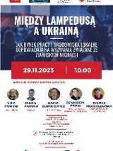 Plakat informacyjny dotyczący konferencji o tytule Między Lampedusą a Ukrainą.