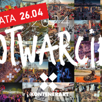 Mozaika zdjęć z KontererART. Na mozajce napis "Otwarcie". Obok napisu czerwony prostokąt z napisem: "Nowa Data 26.04".