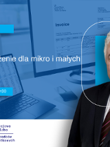 Grafika promocyjna szkolenia. W tle widać w ekranie komputera elektroniczną fakturę.