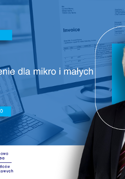 Grafika promocyjna szkolenia. W tle widać w ekranie komputera elektroniczną fakturę.