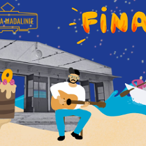 Osoba trzyma tort z cyfrą "10", muzyk gra na gitarze, 3 osoby płyną papierową łódką po fali. W tle budynek z napisem "Lato na Madalinie", nad całością kolorowy napis "Finał" na tle nocnego nieba z gwiazdami.