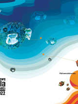 Grafika - plakat zapowiadający tegoroczną edycję Zamkowego Lata dla Dzieci - u góry obrazu w morskich falach pływają ceramiczne rybki, u dołu obrazka na plażowej piłce stoi wykonany w zamkowej pracowni ceramiki, gliniany ptaszek.